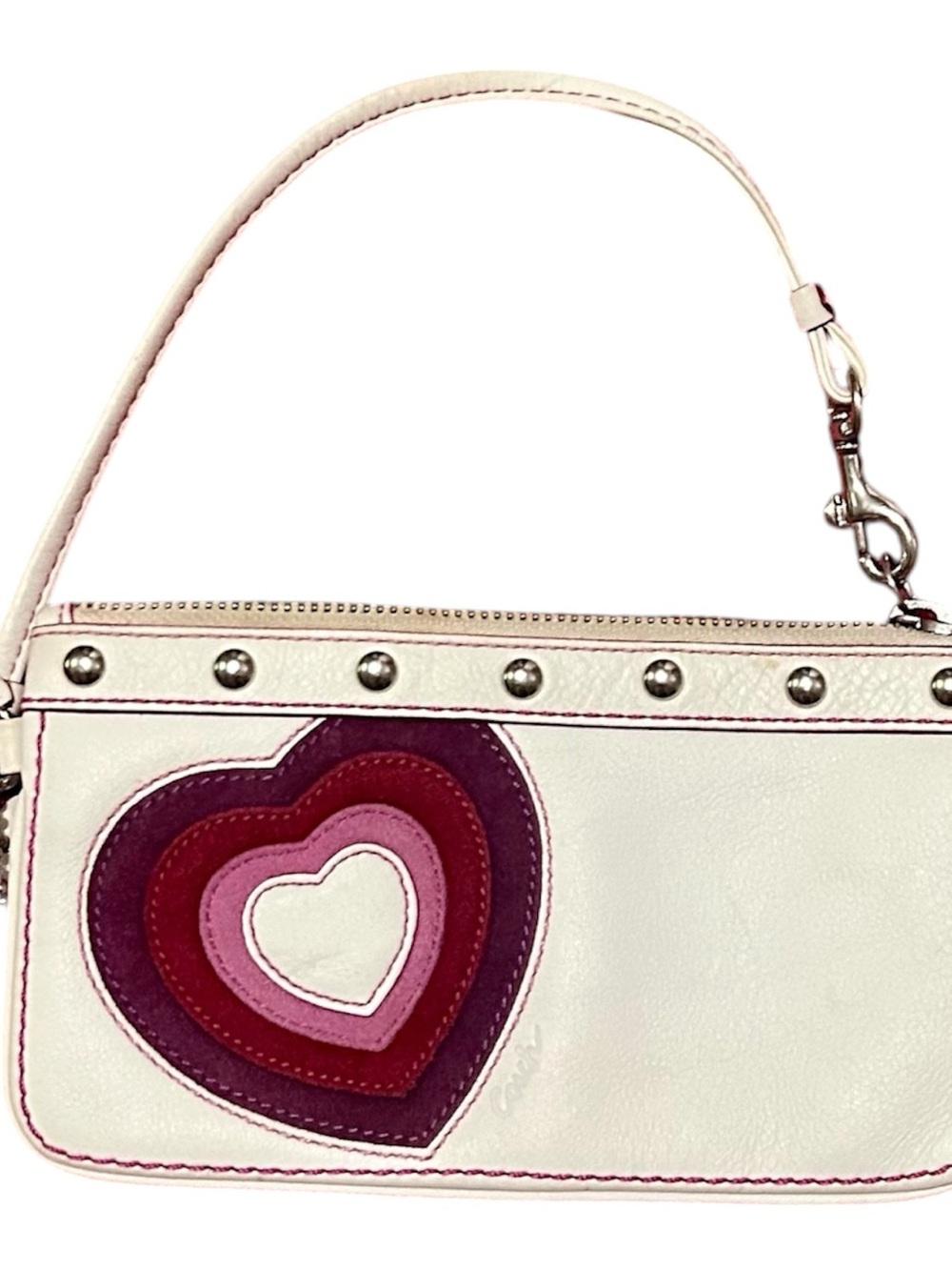 White Wristlet Bag with Pink & Purple Heart Accent Coach authentic